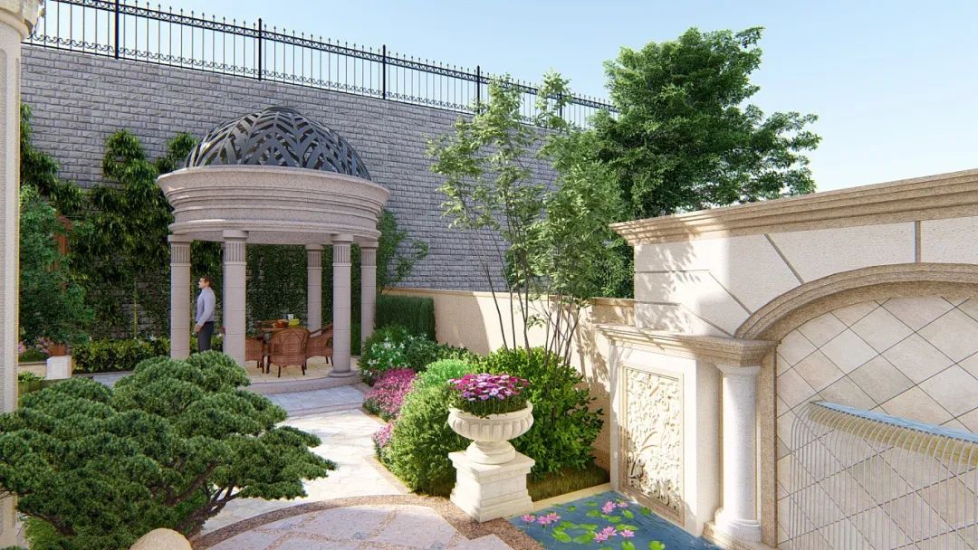 　欧式风格别墅庭院景观墙设计实景图，轻奢主义之感，大气有格调